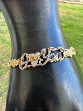 Vintage 10K Two Tone Gold I Love You XO Hugs Kisses Heart Bracelet 5.7g